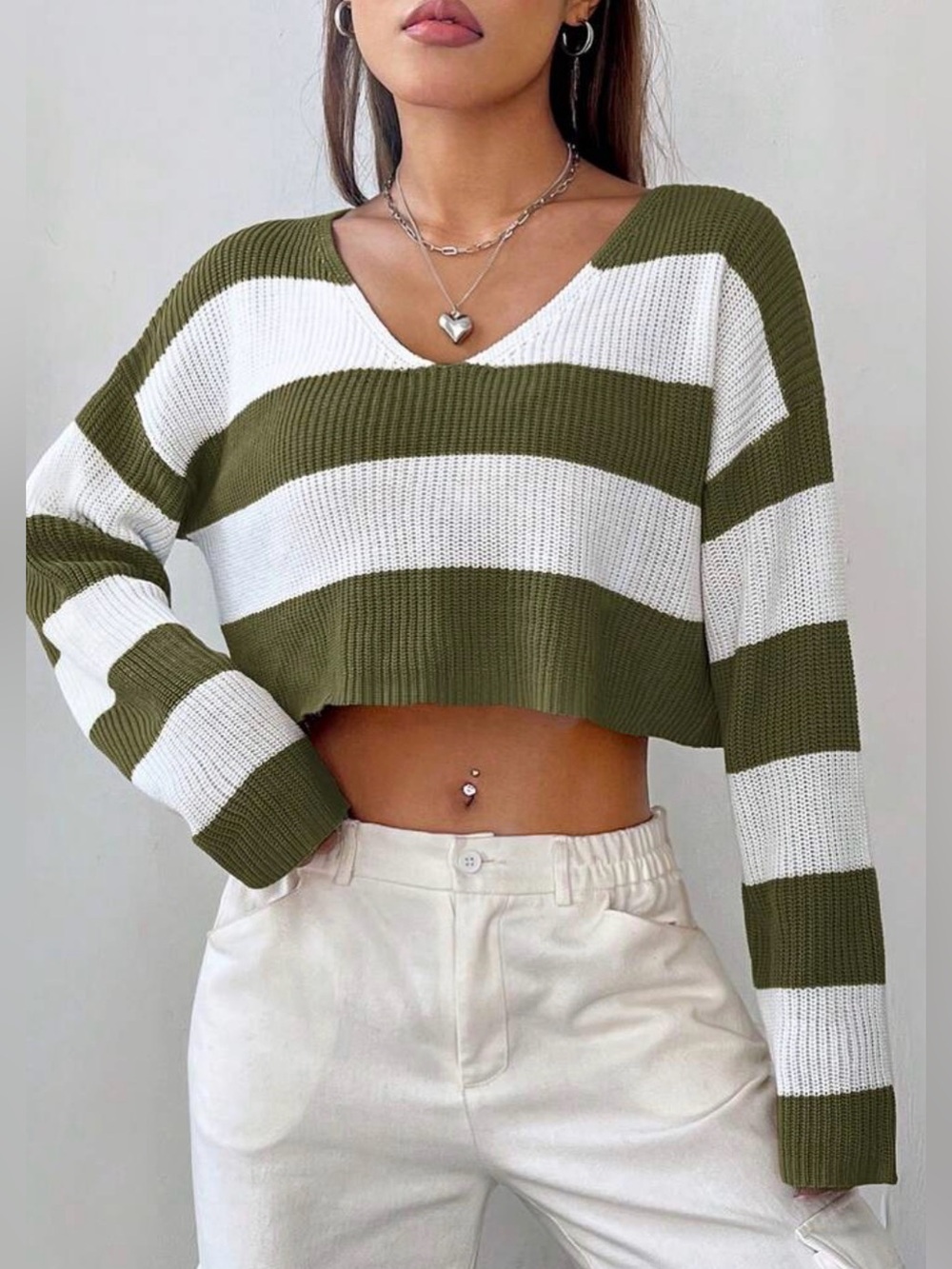 SHEIN Green White Striped Cropped Sweater V Neck Women's M